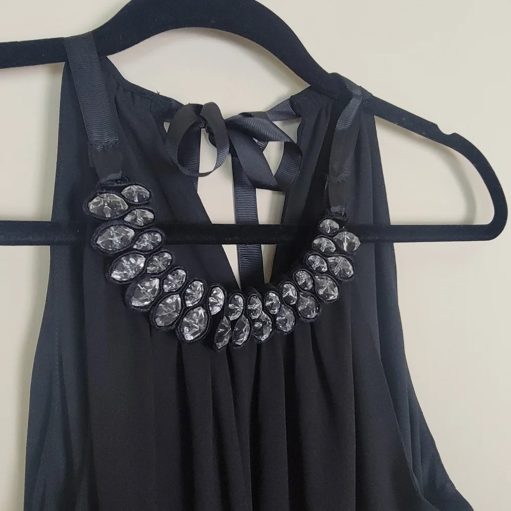Max Studio Black Crepe Georgette Beaded‎ collar Halter Trapeze Dress XS N…
